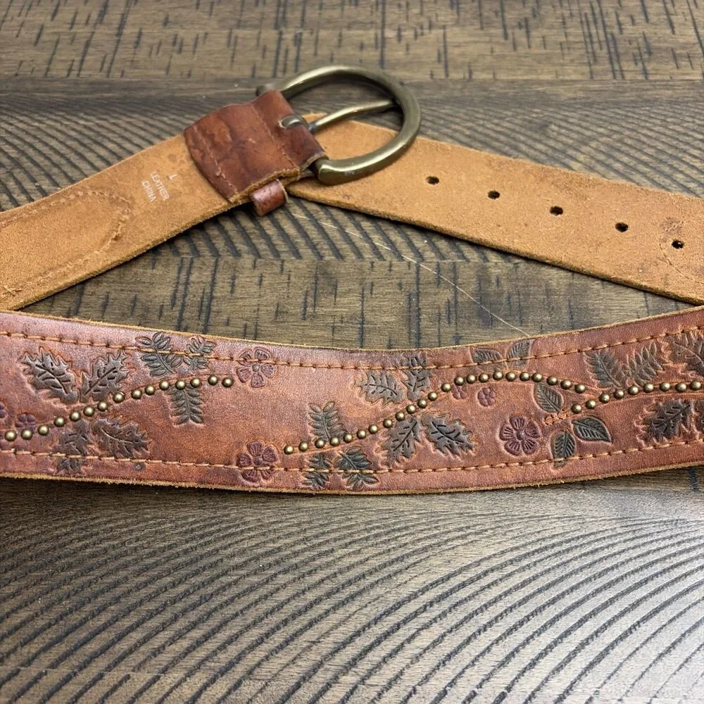 Express Brown Genuine Leather Floral Embossed Wide Studded Belt Women Size L